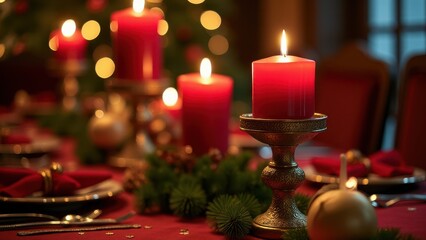 Festive table with red candles, elegant glassware, and a blurred Christmas tree in the background, creating a warm, cozy holiday ambiance.