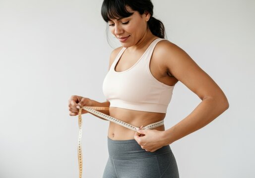 Sportswoman measuring her waistline with a tape measure after fitness training, checking weight loss progress