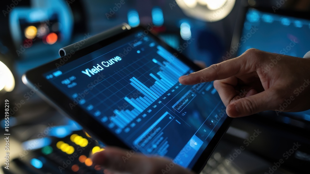 Poster analyzing welding data interpreting yield curve trends on digital interfaces