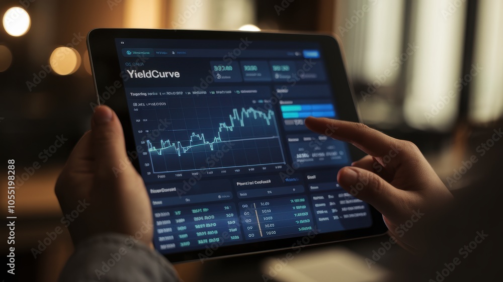 Poster analyzing financial data trends understanding yield curves through digital interfaces