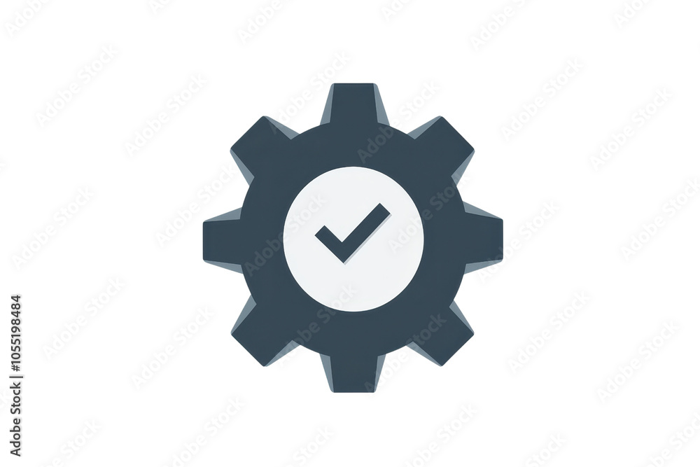 Poster illustration of a gear with a checkmark, symbolizing successful settings configuration or completed 