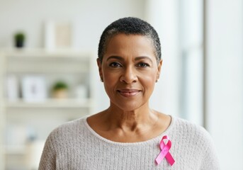 Portrait of a confident senior black woman showing pink ribbon for breast cancer awareness