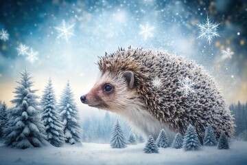 Obraz premium Winter Wonderland Hedgehog Double Exposure - Cozy Hedgehog Surrounded by Snowy Landscapes, Winter Trees, and Sparkling Snowflakes in a Magical Scene of Nature's Beauty