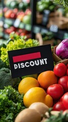 A colorful discount card stands out with fresh produce around it at a lively market setting