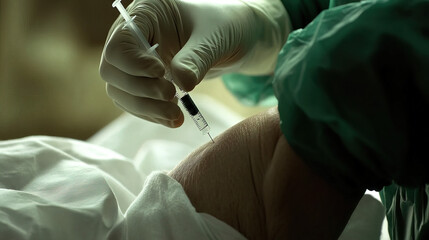 Senior citizen receiving vaccine shot in clinic, symbolizing hope and resilience in overcoming health challenges, community support for public health initiatives.