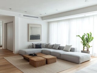 Family room with white walls, a simple low-profile gray couch, and clean-lined furniture for an uncluttered feel