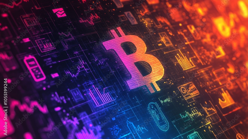 Poster a glowing bitcoin symbol on a digital background of financial data and charts.