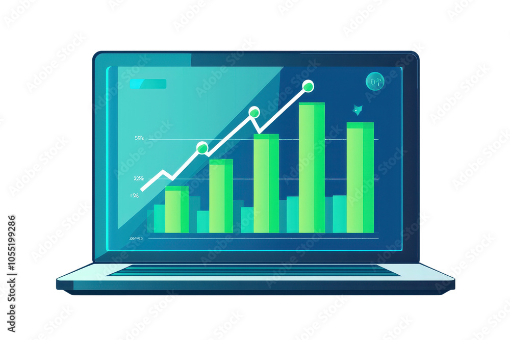 Poster digital illustration of a laptop displaying a bar graph with rising trends, representing business gr