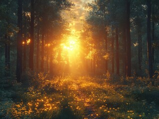 Forest Silhouette at Sunset, golden glow enveloping tree outlines, serene atmosphere, vibrant colors blending into twilight serenity