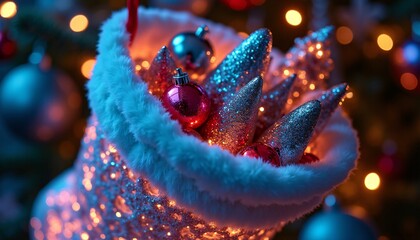 A close-up of a futuristic Christmas stocking, crafted from sleek, metallic materials and illuminated by glowing, holographic patterns