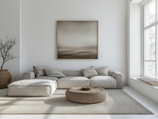 Family room with white walls, a simple low-profile gray couch, and clean-lined furniture for an uncluttered feel