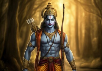 Hindu god lord rama standing in forest, holding bow and arrow, ready for battle
