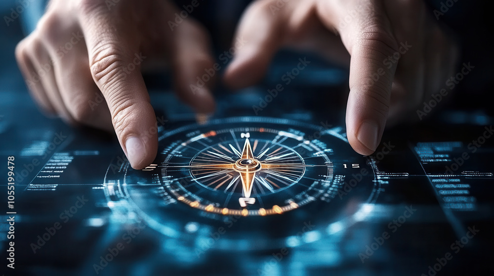 Poster close up of hands interacting with digital compass, symbolizing navigation and exploration. intricat