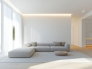 Family room with white walls, a simple low-profile gray couch, and clean-lined furniture for an uncluttered feel