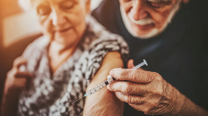 Senior citizen receiving vaccine shot in clinic, symbolizing hope and resilience in overcoming health challenges, community support for public health initiatives.