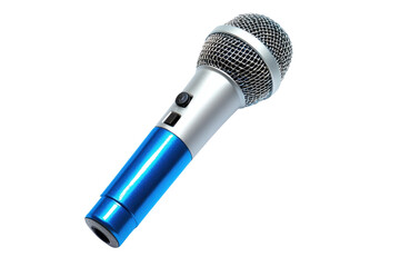 Close-up of a modern microphone with a blue handle and silver grille, isolated on transparent background.ideal for audio and music concepts.