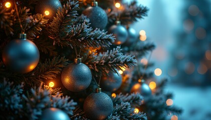 A detailed portrait of a futuristic Christmas tree, adorned with shimmering, geometric ornaments and glowing, holographic lights