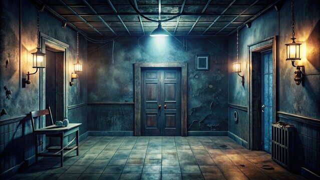 Scary escape room filled with dark and spooky elements, horror, fear, suspense, puzzle, trapped, room, challenge, creepy