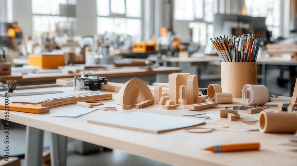 Poster creative workspace filled with innovative prototypes, tools, and materials for design and modeling. 