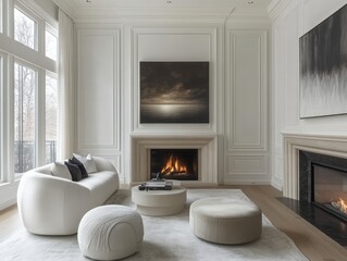 Family room with white walls, minimal contemporary furniture, and one statement art piece for a chic, sophisticated look