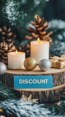 The discount card is displayed among candles and decorative items on rustic wood