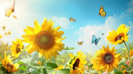 Sunflowers and Butterflies in a Summer Field