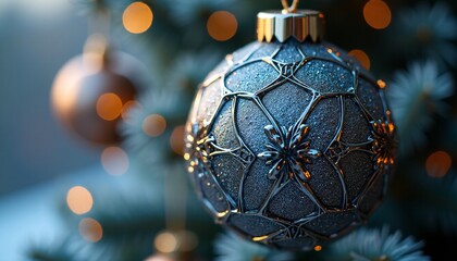 A close-up of a futuristic Christmas ornament, made of a textured, metallic material that appears to shift and shimmer in the light