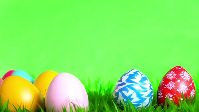 Easter eggs on fresh green grass on green screen, transparent background. Colorful painted easter eggs animation with key color. Happy Easter Holiday