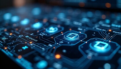 A close-up of a futuristic operating system interface, with holographic menus and icons that shimmer and pulse with light