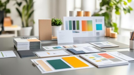 Arrangement of brand concept boards, product booklets, and strategy guides on sleek office table