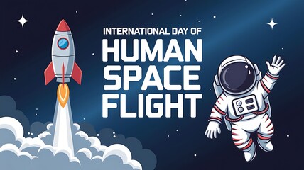 International Day of Human Space Flight Graphic with Rocket and Astronaut