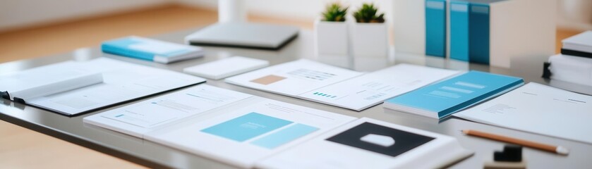 Close-up of product branding booklets and strategy pages, spread on sleek office table