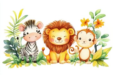 Watercolor painting of a cute zebra, lion cub, and monkey surrounded by jungle foliage, creating a charming and playful scene