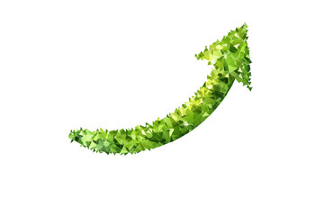 Naklejka premium A vibrant green arrow made of leaf-like textures, symbolizing growth, sustainability, and progress, pointing upwards on a transparent background.