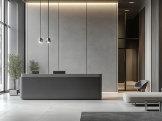 Gray feature walls with sleek furniture and neutral accents in a minimalist receptionist space for a modern, inviting atmosphere