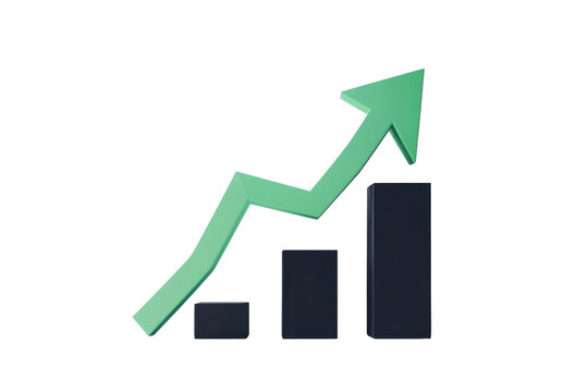 Business growth concept with a green arrow pointing upwards on a bar chart, symbolizing success, progress, and financial improvement.