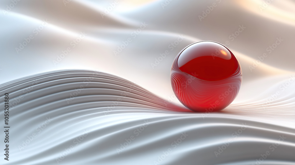 Poster 3d render of a glossy red sphere on a wavy abstract background. minimalistic concept
