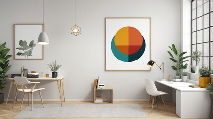 modern minimalist room with furniture and wall decorations in the form of geometric and abstract paintings