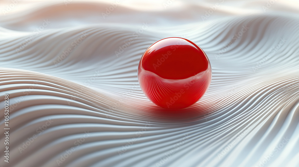 Poster 3d render of a glossy red sphere on a wavy abstract background. minimalistic concept