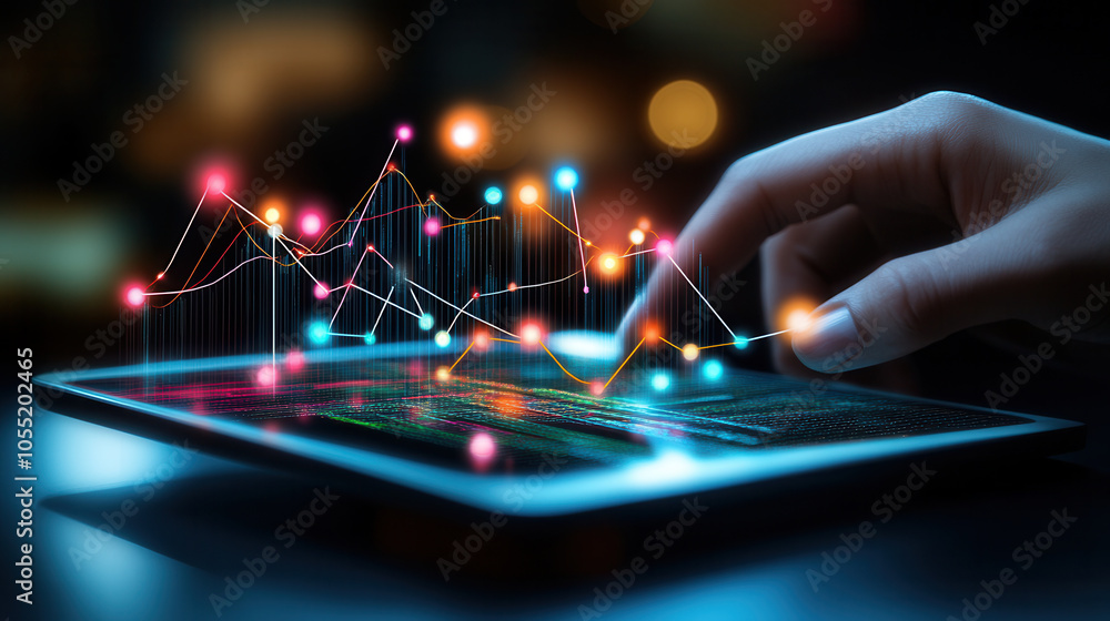 Poster person analyzing market trends on digital tablet with colorful graphs and data visualizations, showc
