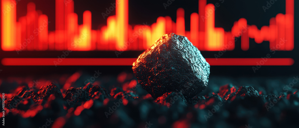 Poster a metallic rock sits on a dark surface with vibrant red bars and visualizations in the background, s