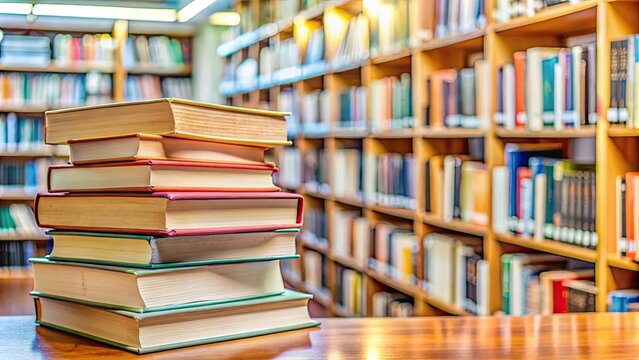 Closeup of a stack of books at a local library, a resource for families to gather and learn together, education