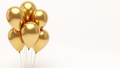Bright and cheerful scene featuring a cluster of elegant golden balloons against a pure white background