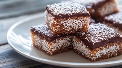 Coconut and Chocolate Squares on a White Plate