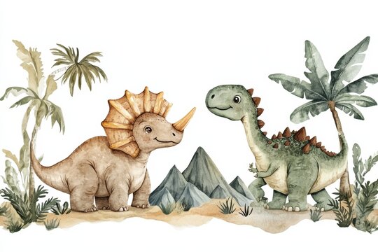 Watercolor illustration of friendly dinosaurs surrounded by tropical vegetation and mountains