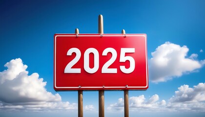 Text 2025 on red sign against blue sky. New Year resolution and goal to change and progress,