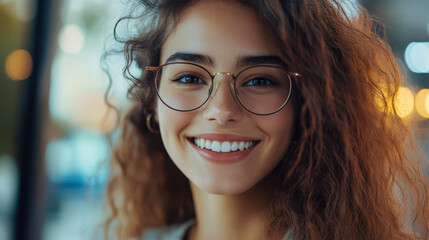 Obraz premium Joyful Woman with Glasses Smiling at Camera in Natural Setting for Positive Lifestyle Concepts