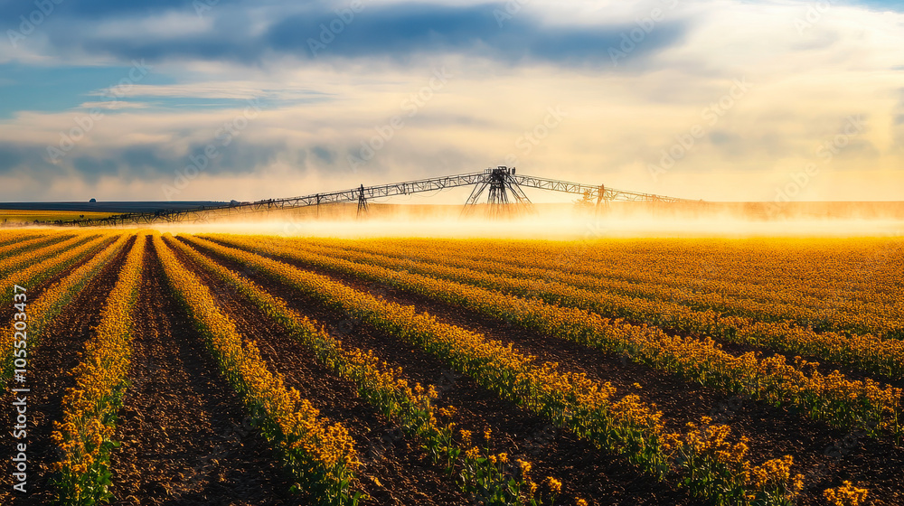 Poster golden vegetable field in alberta with automated irrigation system in action