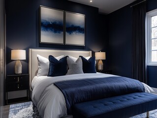 Gray walls combined with navy decor and metallic accents for a sophisticated modern man room