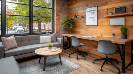serene workspace featuring cozy sofa, wooden accents, and motivational quotes. inviting atmosphere promotes productivity and creativity in modern setting